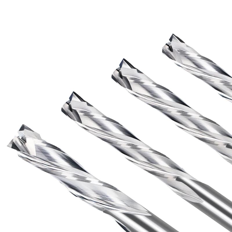 Three-flute tungsten carbide end mill with 3.175mm shank, optimized for CNC machining of aluminum, plastics, wood, and composite materials.
