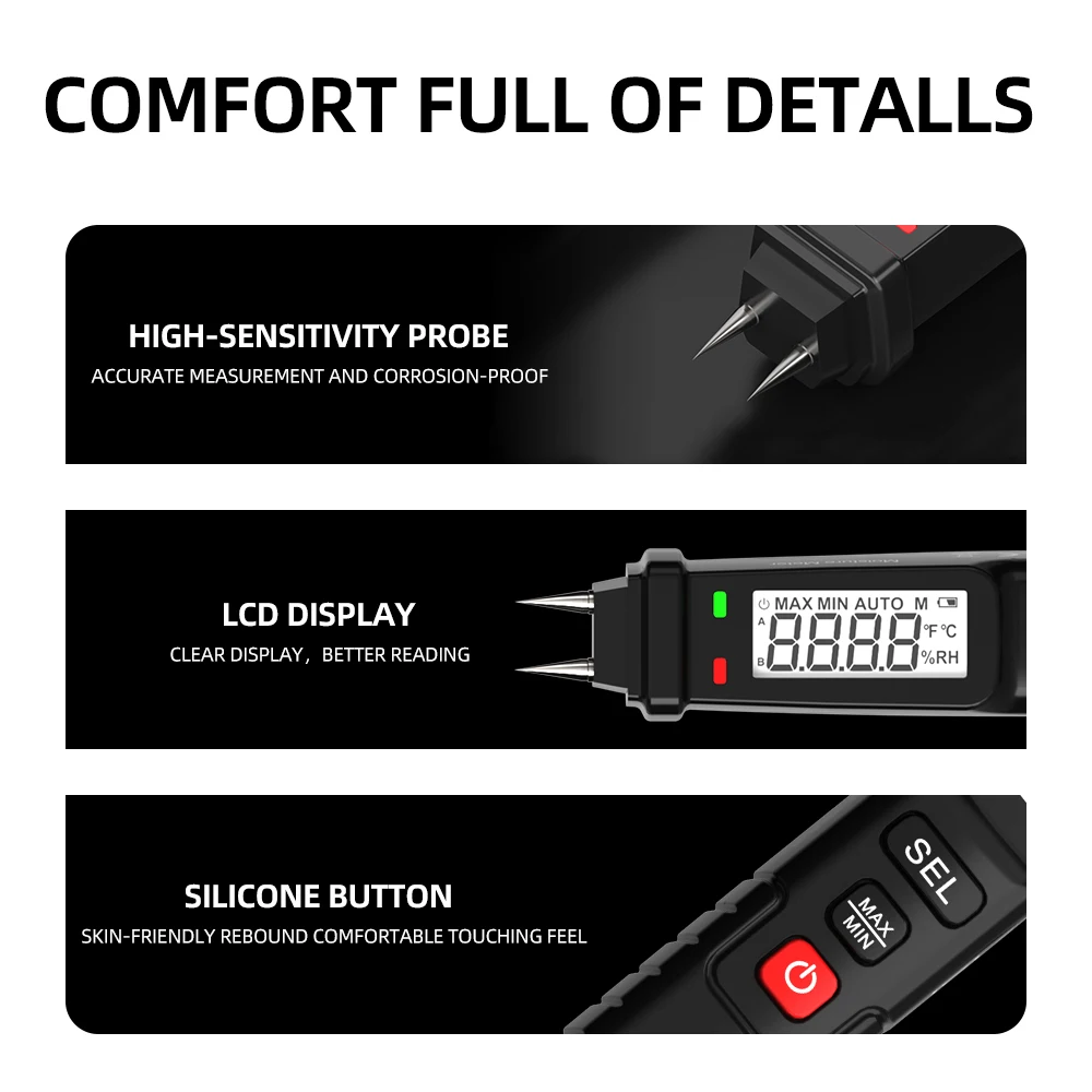 Digital Moisture Meter for Wood & Building Materials | LCD Display | Model FY8861 - Thumbnail 4