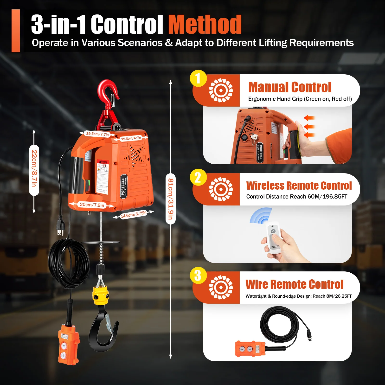 1500W Electric Winch | 1100lb Heavy-Duty Lifting | Wireless Remote Control for Warehouse & Shop - Thumbnail 3