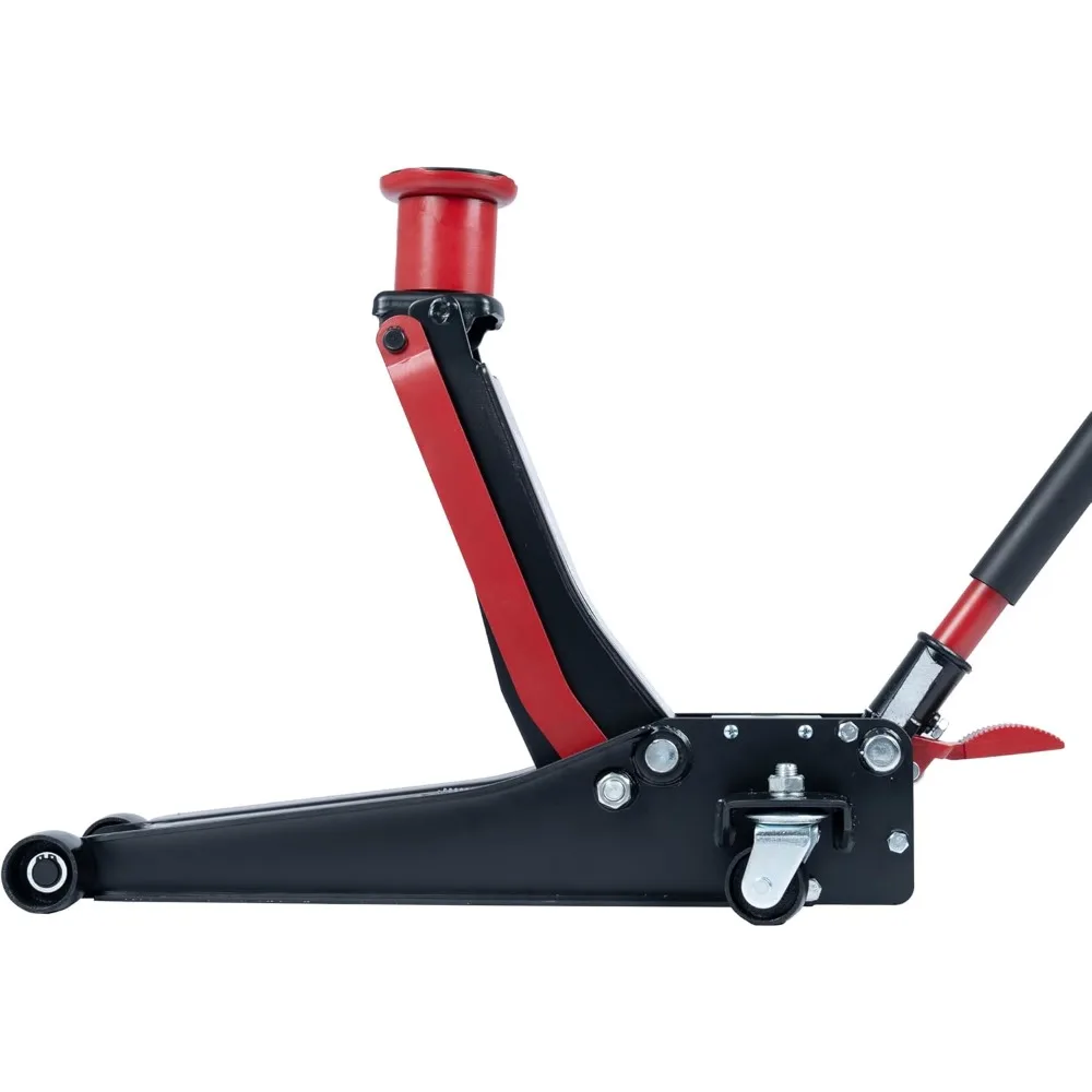 3-Ton Low-Profile Racing Jack with dual piston hydraulic pump, steel construction, and quick-lift foot pedal for automotive maintenance.