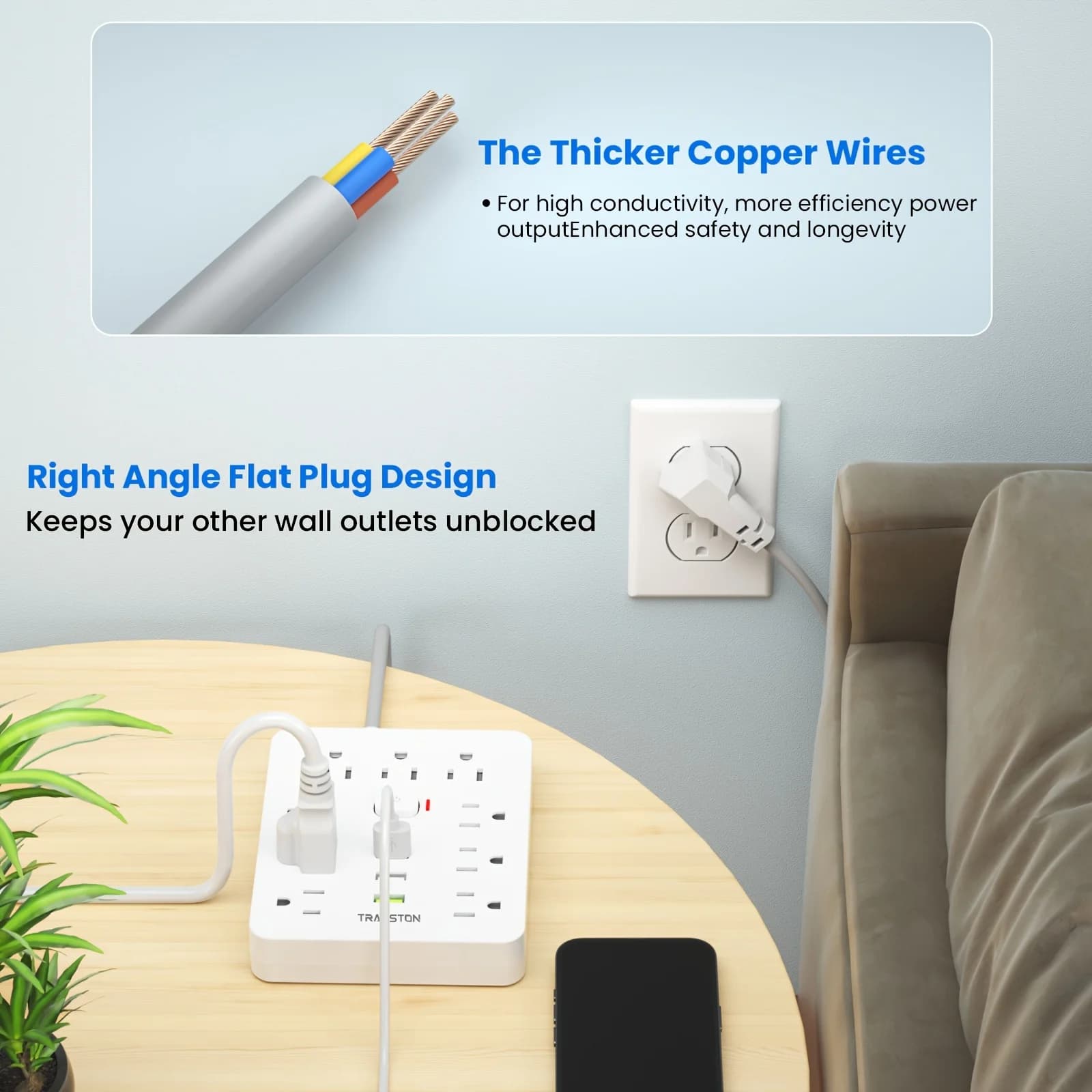 Surge Protector Power Strip | 9 Outlets & 3 USB Ports | 10-Foot Extension Cord | Quick Charge for Home & Office - Thumbnail 2