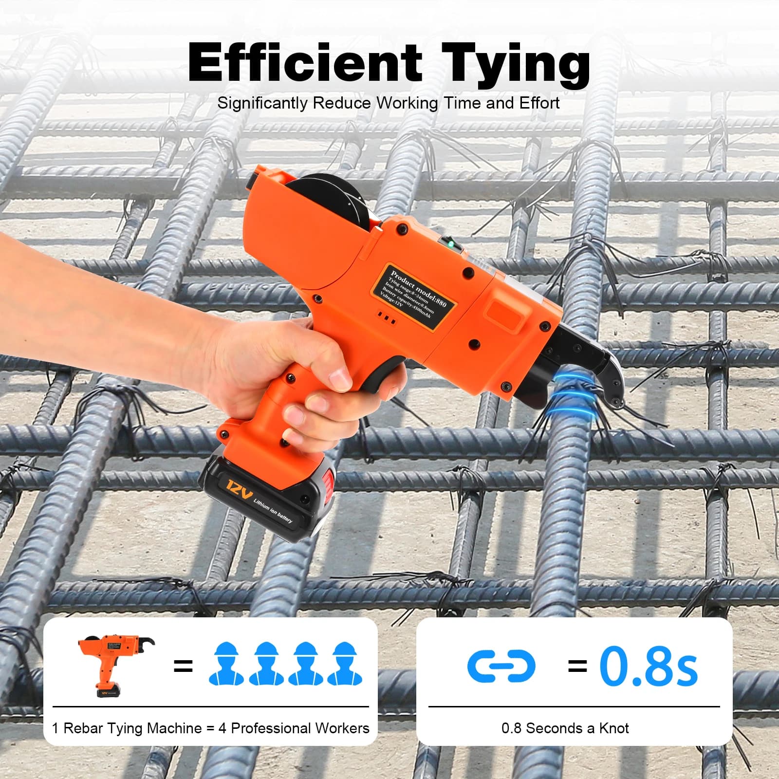 Cordless Rebar Tying Tool | 12V 4500mAh | Handheld Automatic Wire Tier for 8-34mm Rebar - Thumbnail 5