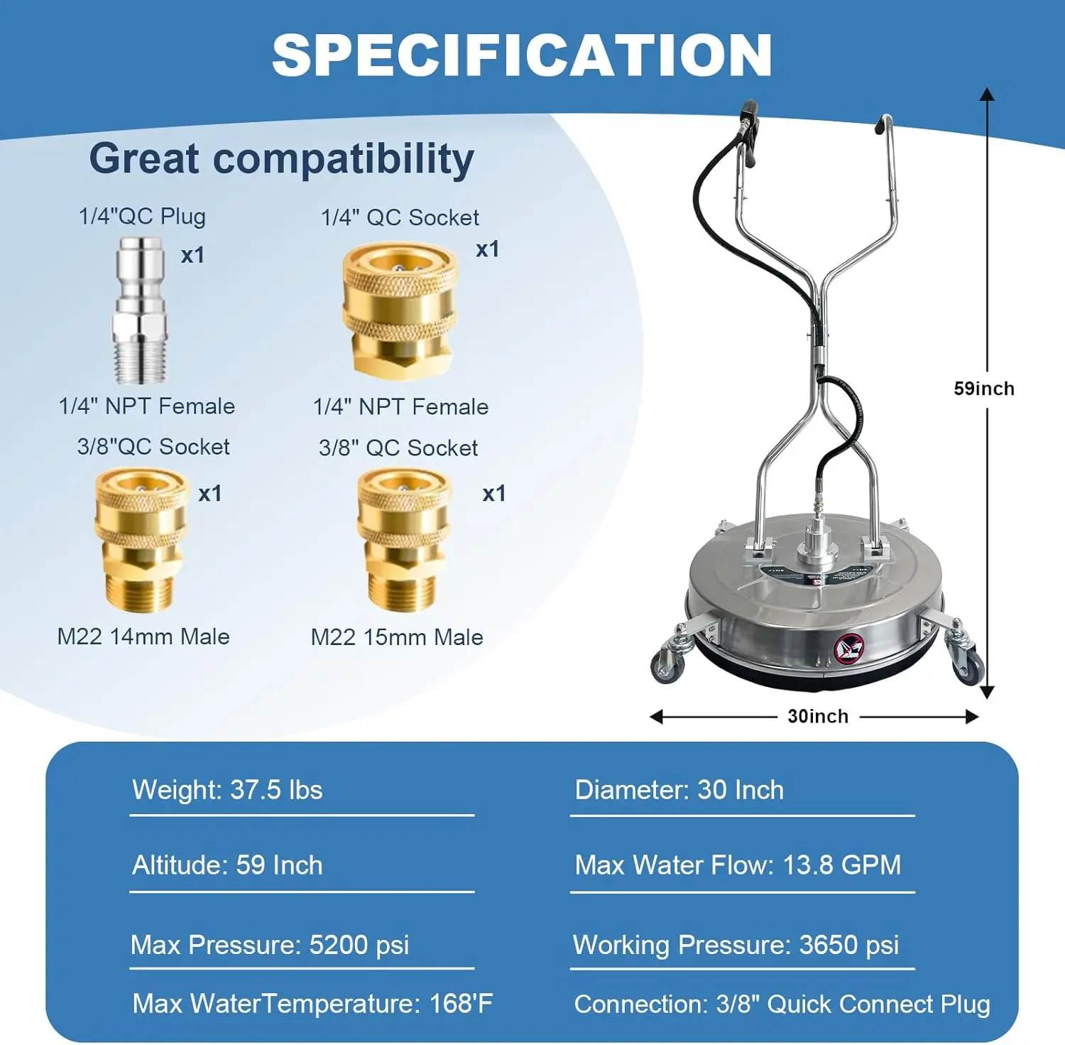 30'' Pressure Washer Surface Cleaner | 4-Wheel Stainless Steel | 5200PSI for Concrete & Driveways - Thumbnail 5