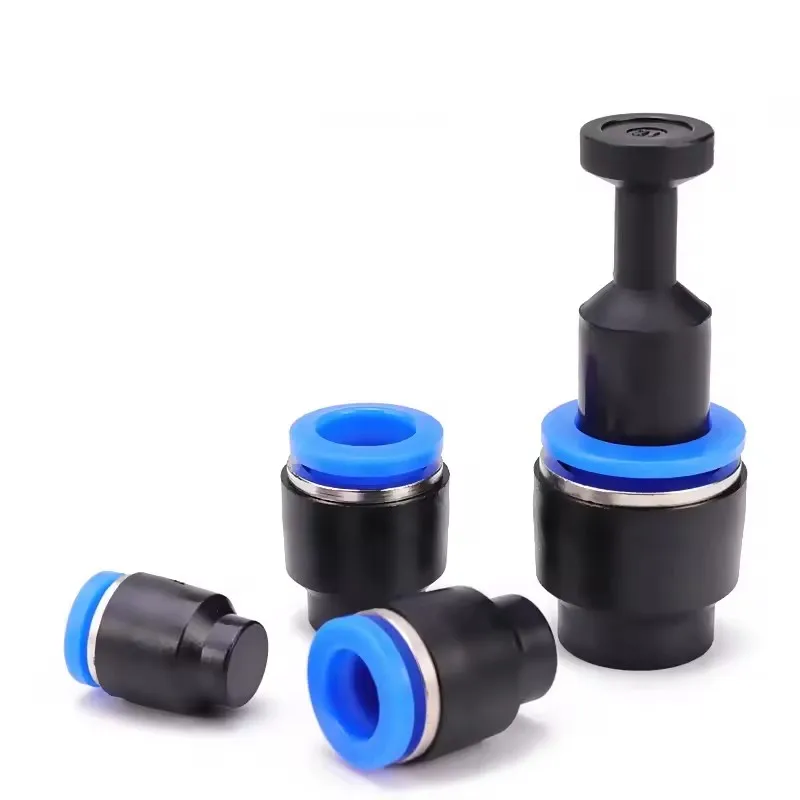 5-piece set of pneumatic quick plug connectors in sizes 4mm to 16mm for air hose sealing, made from durable plastic.