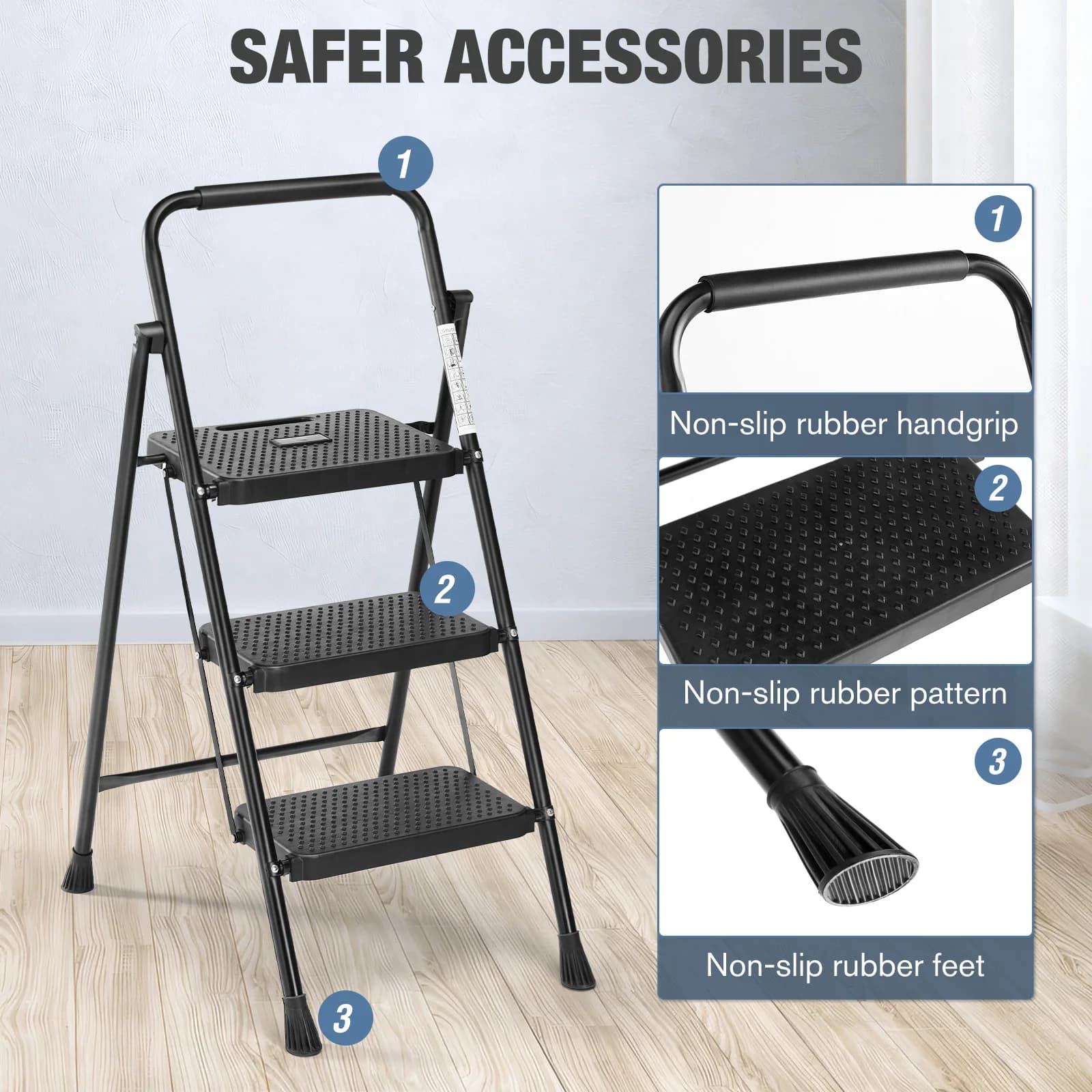 Step Ladder Stool | 800lbs Capacity Steel Frame | Anti-Slip Pedal for Kitchen & Home - Thumbnail 4