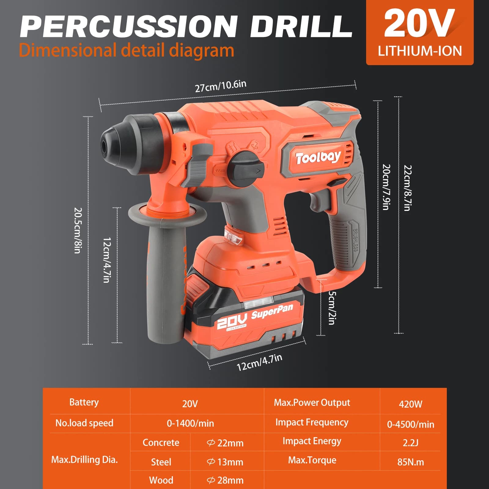 20V Cordless Rotary Hammer Drill | Heavy-Duty Impact Driver Kit with Battery - Thumbnail 2