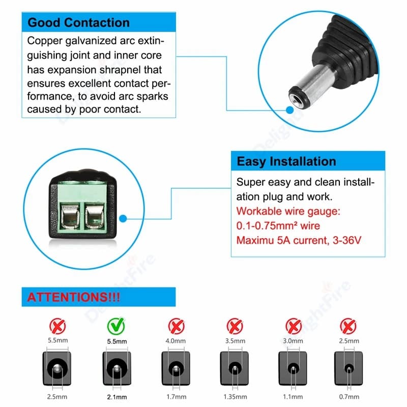 DC Power Connector | 5V/12V 5.5x2.1mm Barrel Jack | CCTV Camera & LED Strip Adapter - Thumbnail 6