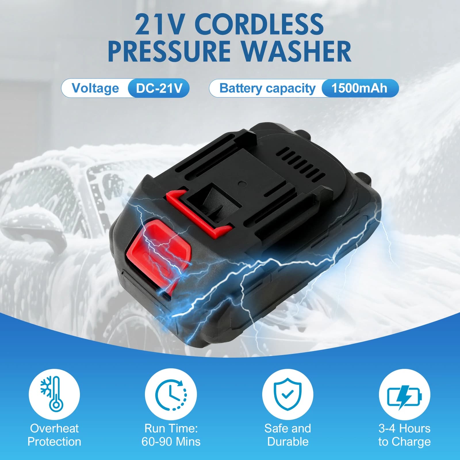 Pressure Washer | 21V 500PSI 6-in-1 Power Washer | 32.8FT Hose & 2 Batteries for Floor & Car - Thumbnail 2