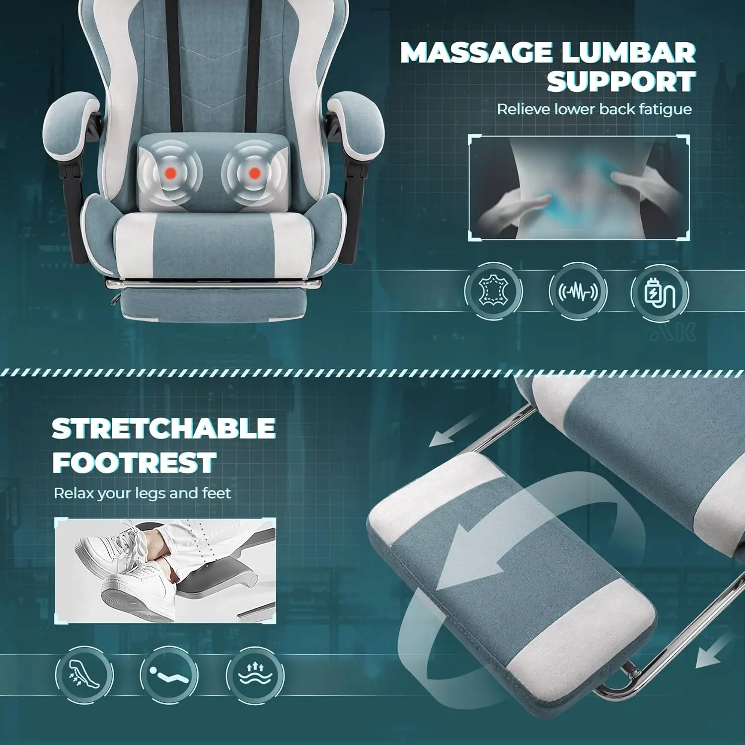 Fabric Gaming Chair | Adjustable Seat with Massage Lumbar Support | Green Video Game Chair - Thumbnail 5