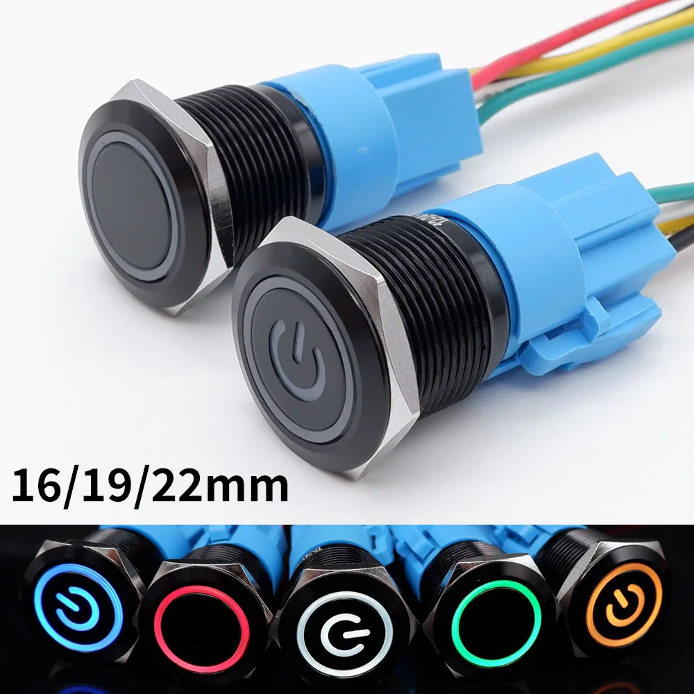 12/16/19/22mm Push Button Switch Oxidized Black Momentary Latching Fixed On Off Power Switch with wire LED Light 5V 12V 24V 220V - Thumbnail 2