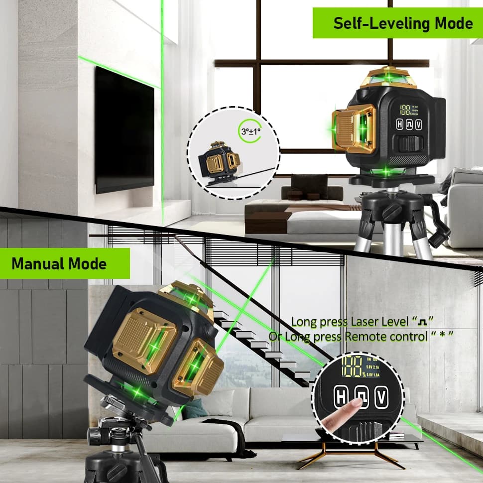 12/16-Line 4D Green Laser Level | 360° Rotation | High-Precision Vertical/Horizontal Lines - Thumbnail 3