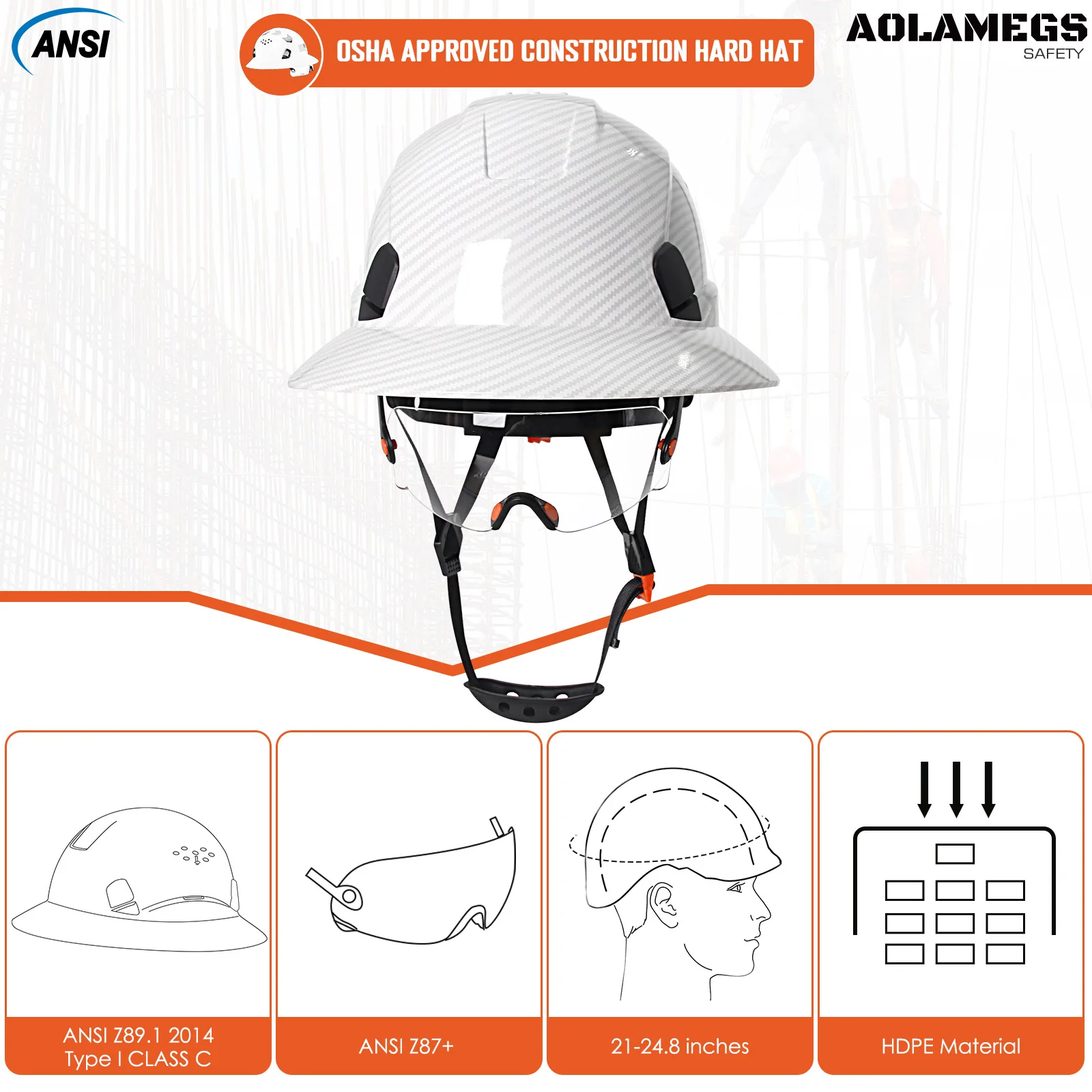 Carbon Fiber Hard Hat | Full Brim & Anti-Collision | ANSI Certified Construction Helmet - Thumbnail 2