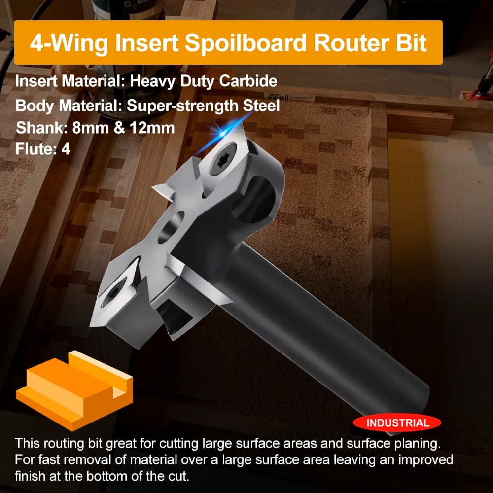 Surfacing Router Bit | 4-Flute Carbide Insert | 8-12mm Shank for Slab Flattening - Thumbnail 5