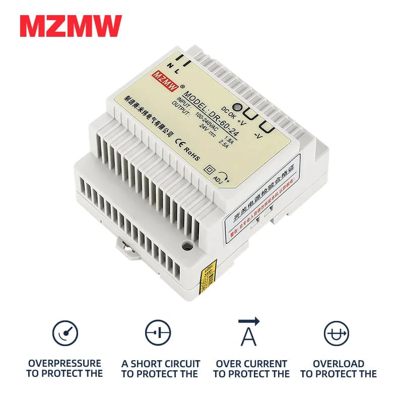 DIN Rail Power Supply | 15W to 60W | 5V 12V 15V 24V DC Output | Universal 100-240V AC Input - Thumbnail 4