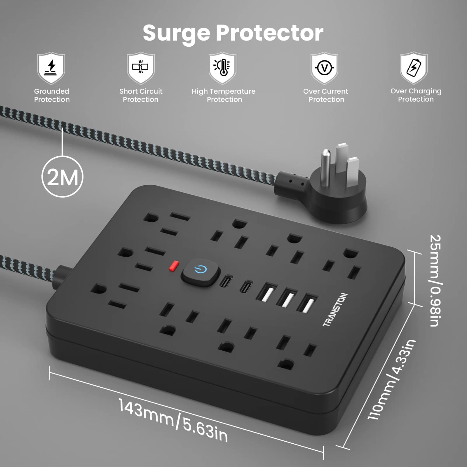 TRANSTON   power strip surge protector with 9 Ac Outlets,3 USB & 2 USB-C,5ft Cable,Weaving thread,45° tilt plug,Black - Thumbnail 2
