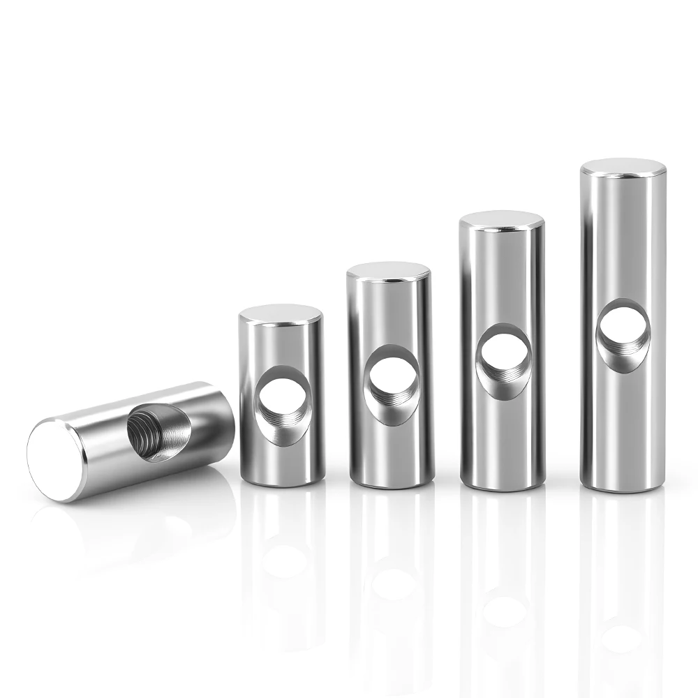Stainless steel cross hole barrel nuts with cylindrical pin design for embedded locking in wood furniture, available in M4 through M6 sizes.