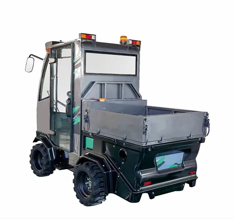Enclosed Cockpit Ride-on Snow Plow and Blower Machine with heated cab, joystick controls, and dual-stage auger for heavy snow removal.