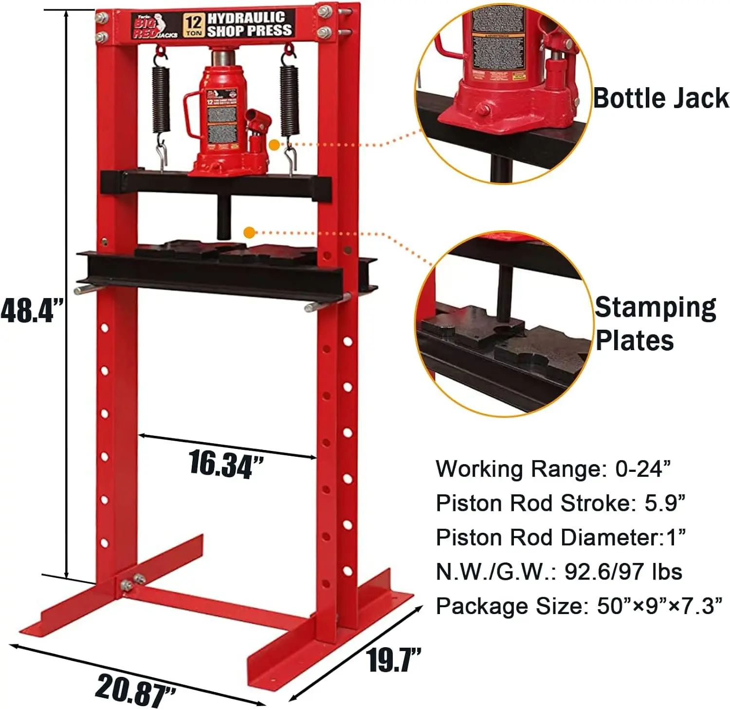 12-Ton H-Frame Hydraulic Shop Press | Heavy-Duty Stamping & Bending for Garage - Thumbnail 6