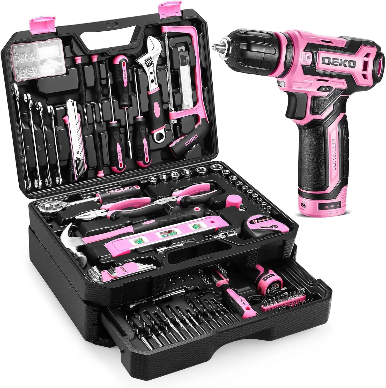 DEKO Home Mechanic Toolbox with 12V Power Cordless Drill Hand Repair Tools Sets Combo Kits Storage Organizer Drawer Case - Thumbnail 2