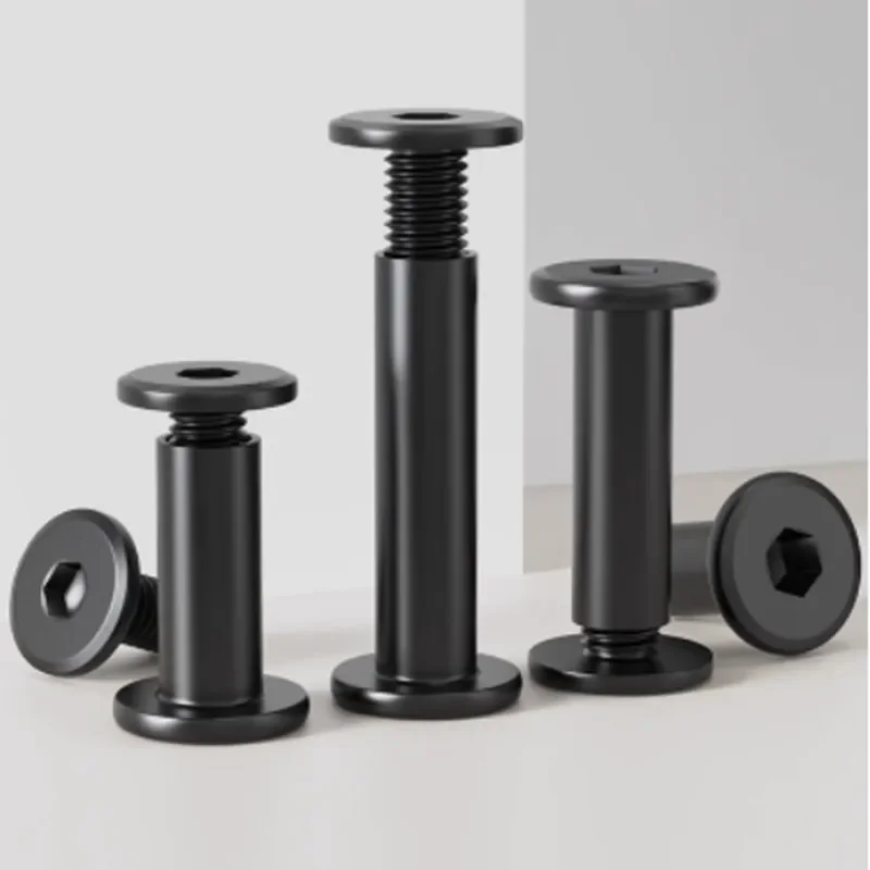 Black stainless steel flat hex furniture nuts with screws, available in sizes M3 through M8 for rivet connector and joint sleeve applications.