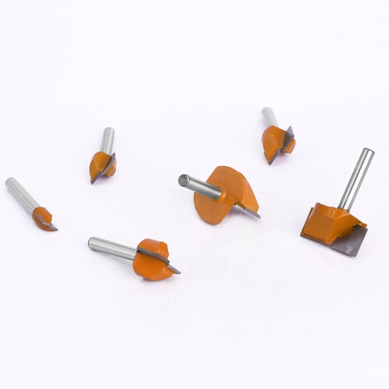 Router bit set with 6mm shanks designed for CNC cleaning and bottom milling, includes 8mm diameter bits for woodworking applications.