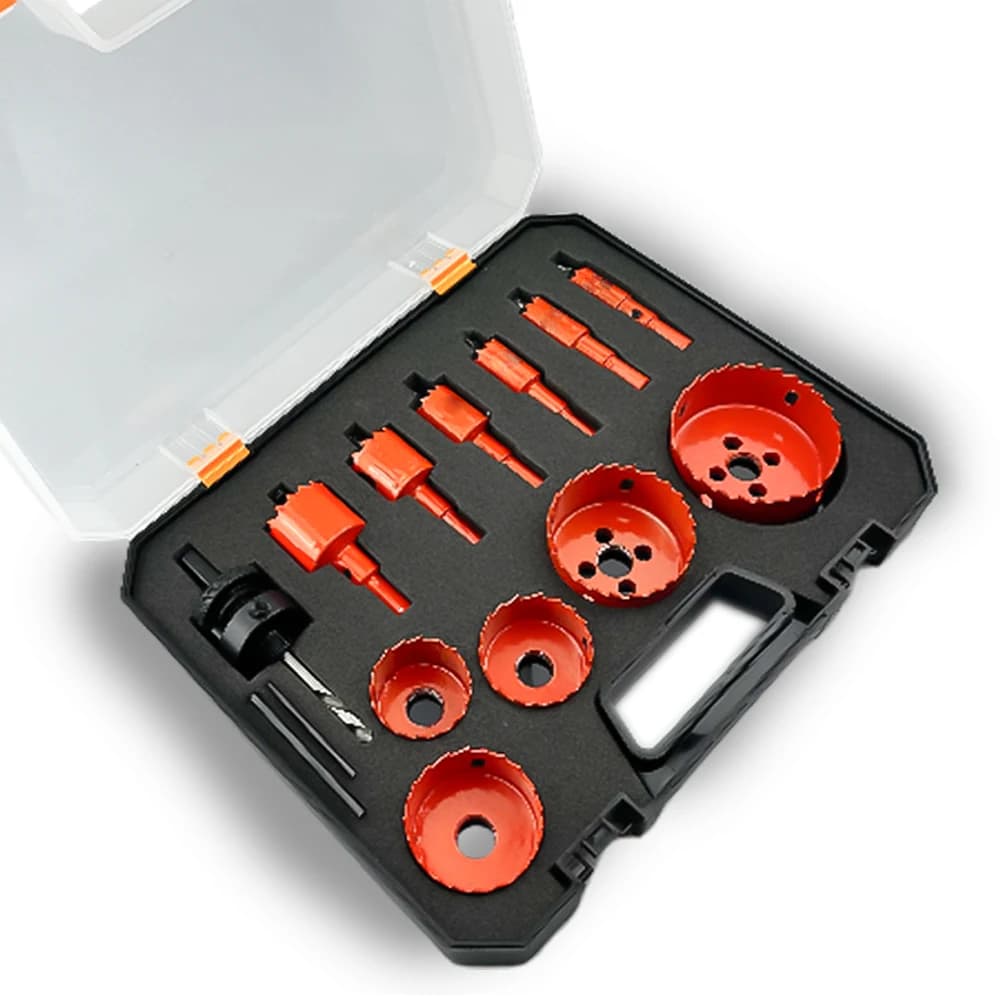 12-piece M42 Bi-Metal Drill Bit Set with 16-70mm Hole Saws for drilling metal, wood, aluminum, and iron.