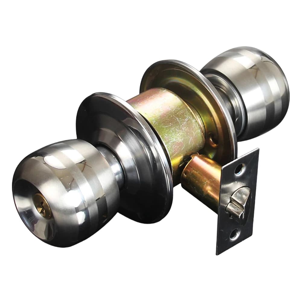 Stainless steel keyed entry door knob with lock for indoor doors. Round design suitable for bedrooms and bathrooms.