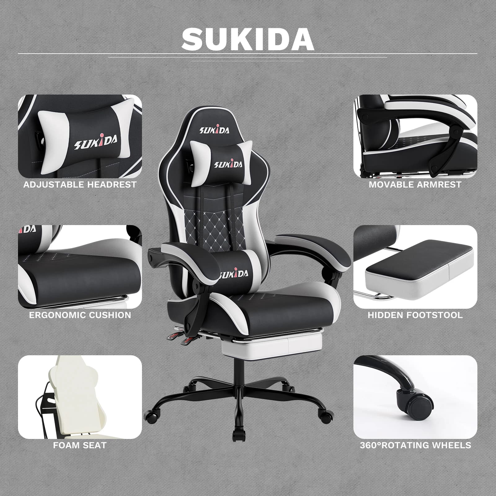 Gamer Chair for Adults | Massage Lumbar Support & Headrest | Height Adjustable Computer Chair - Thumbnail 6