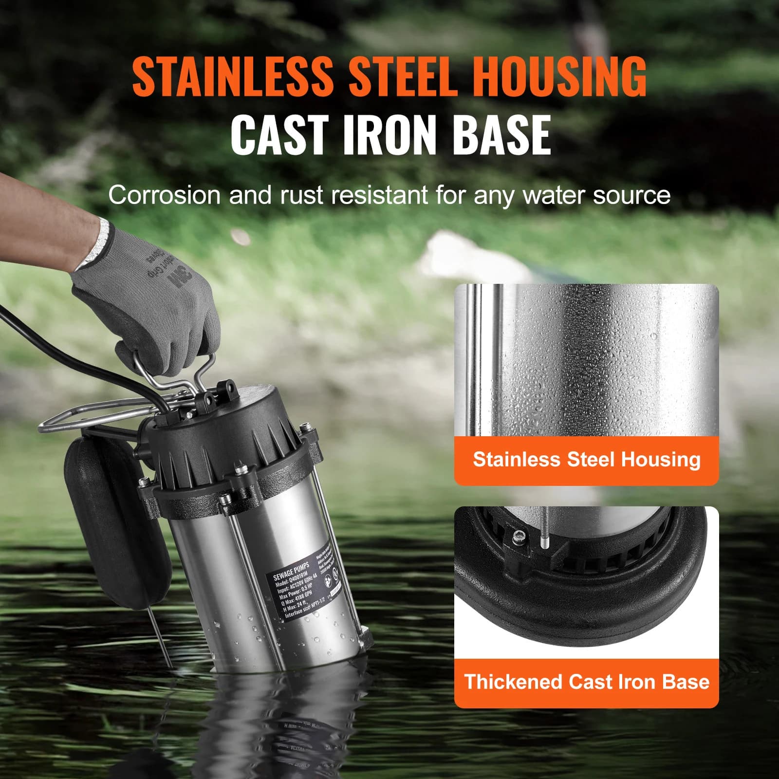 Iron Submersible Sewage Pump | Automatic Float Switch | Basement & Yard Flooding - Thumbnail 3