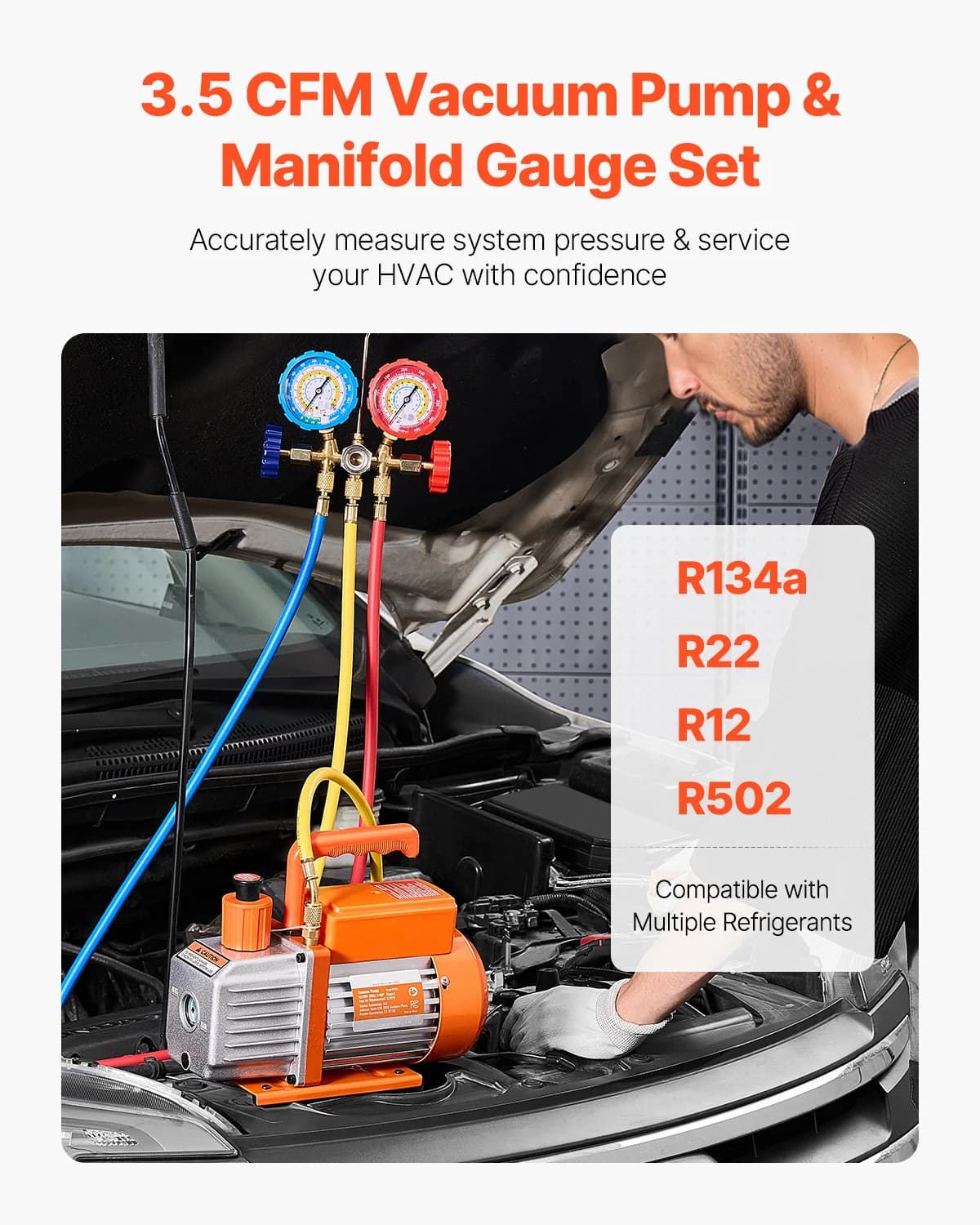 Vacuum Pump & Gauge Set | 3.5 CFM Single Stage | Compatible R134a R410A R22 - Thumbnail 2