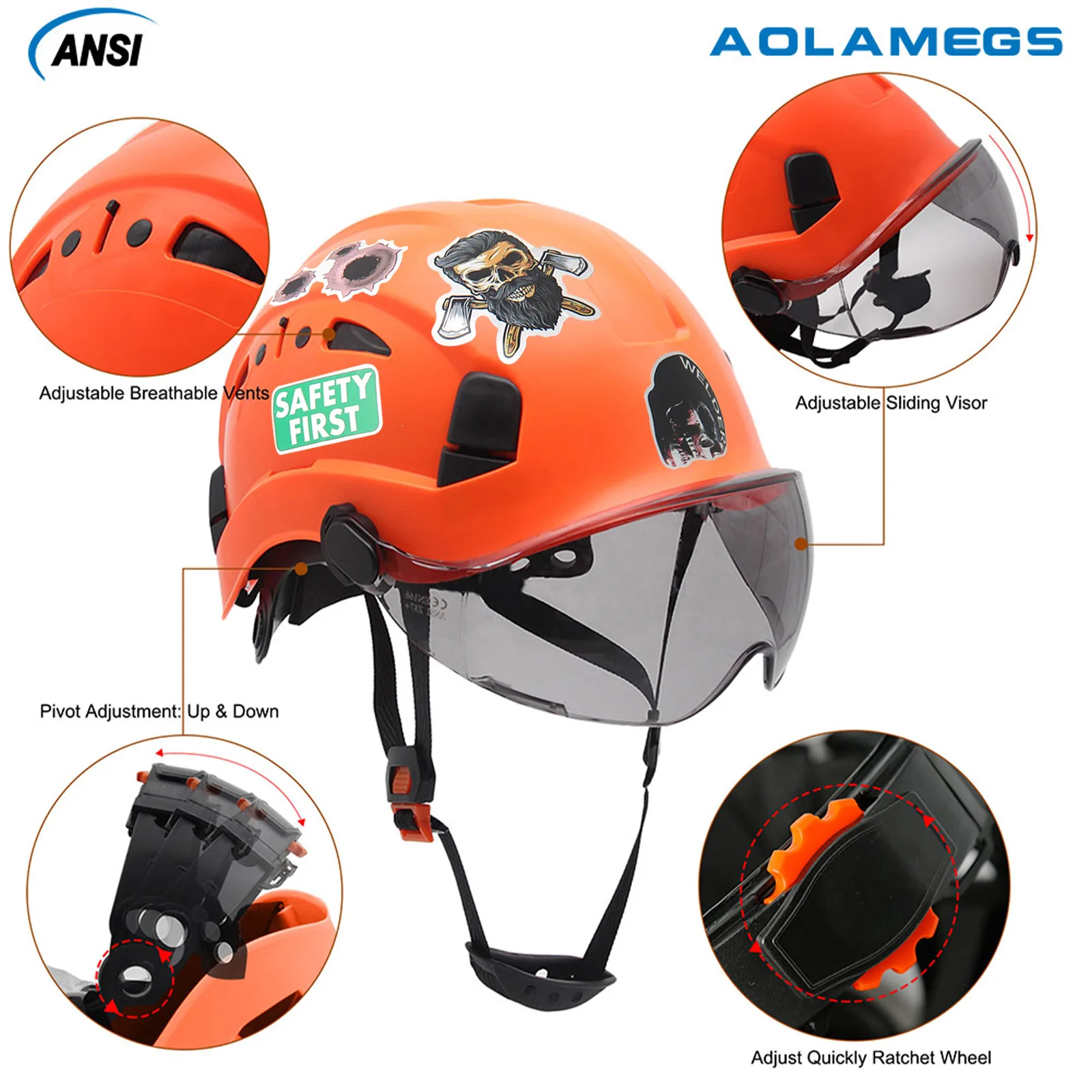Safety Helmet | Includes 50Pcs Stickers, Goggles | ABS Hard Hat for Climbing, Riding & Rescue - Thumbnail 3