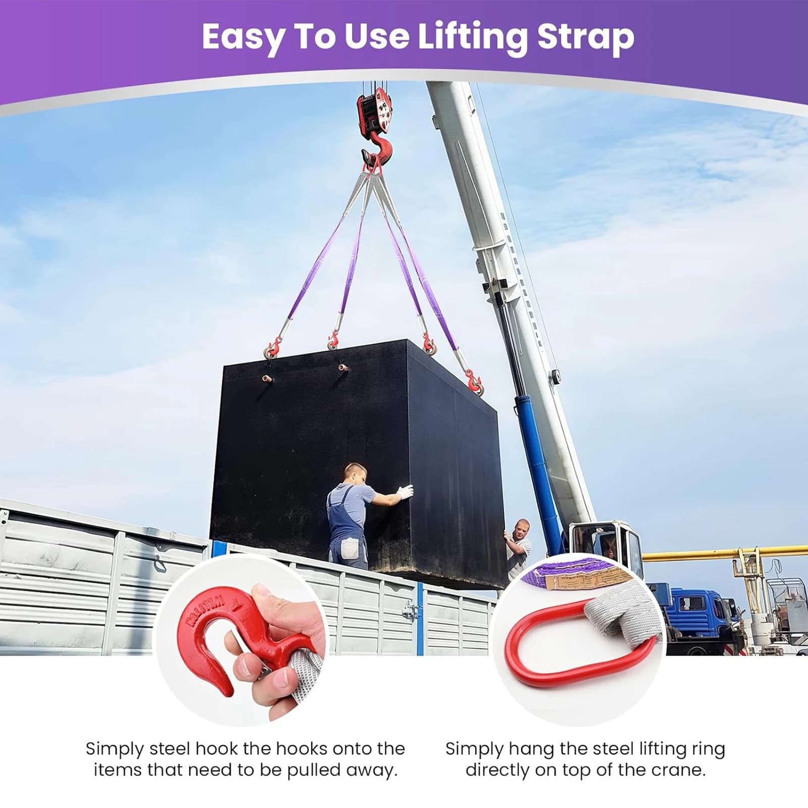 Heavy-Duty 2-Leg Lifting Sling | 4400 lb Capacity | 3.3/9.8/16.4 ft Polyester Rigging Straps with Hooks - Thumbnail 3