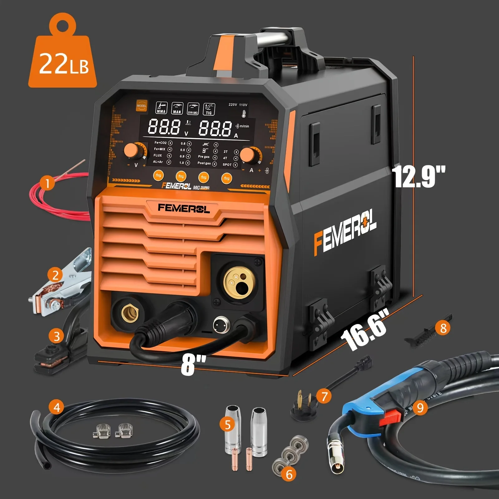 FEMEROL 6 In 1 Gas MIG Gasless Flux Core Stick Lift TIG Spot Welding Spool Gun Compatible Aluminum Welding Machine 110V/220V - Thumbnail 2