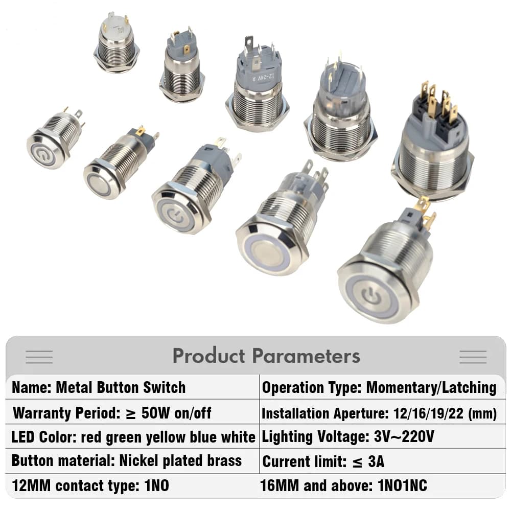 Waterproof Push Button Switch | 12V-220V LED Illuminated | 12-22mm Panel Mount - Thumbnail 3