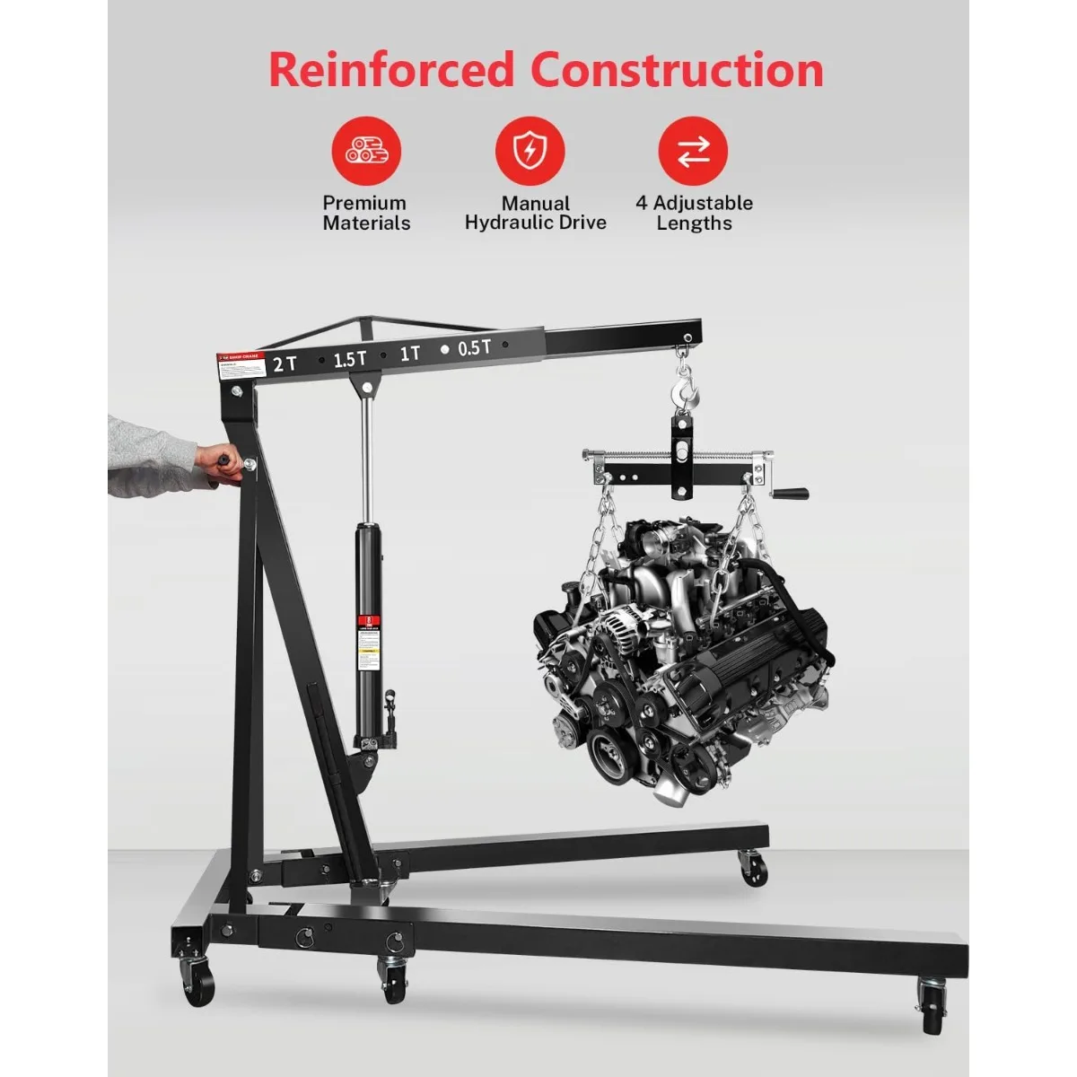 2-Ton Folding Shop Crane | Portable Hydraulic Engine Hoist | Lever-Operated Lift - Thumbnail 6