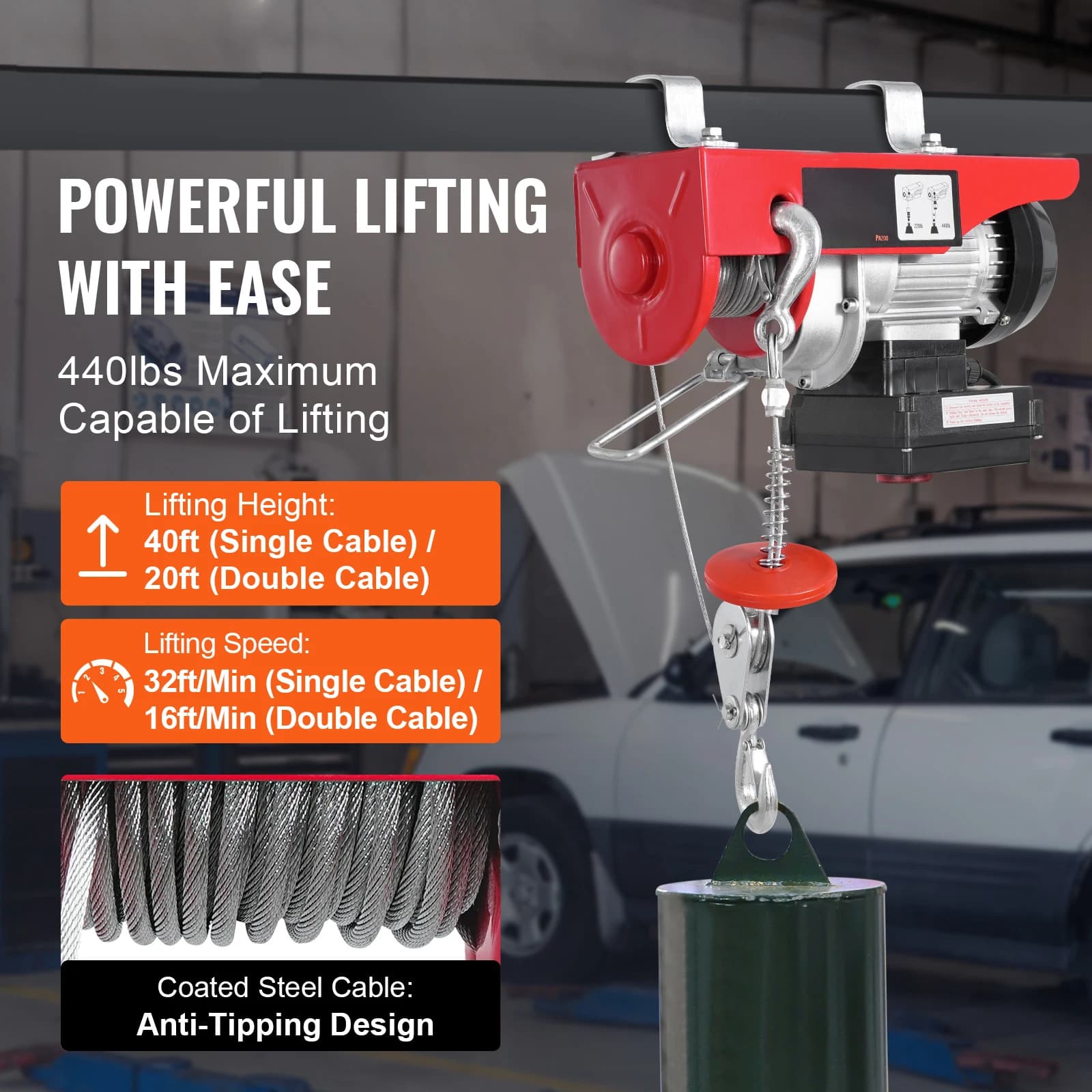 440lb Wireless Electric Hoist | 40ft Lift Height | Heavy-Duty Garage & Workshop Lifting System - Thumbnail 3