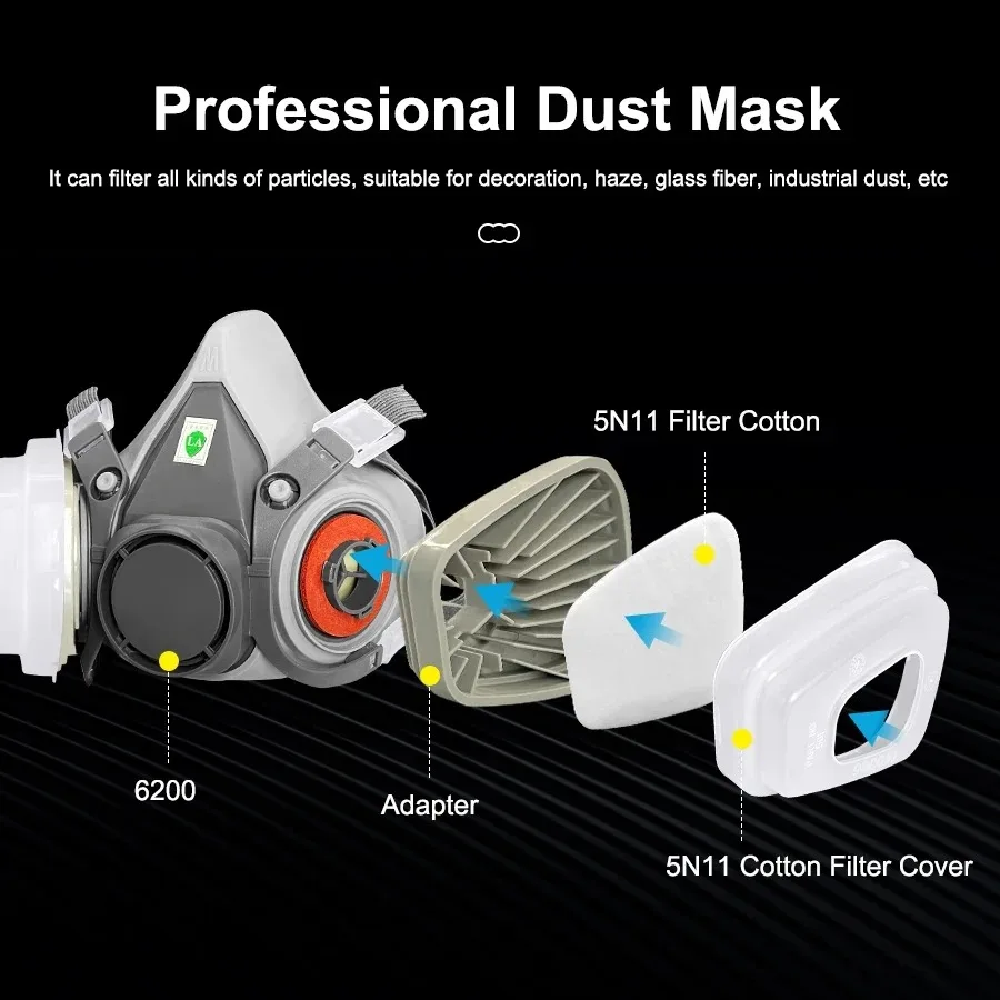 6200 Dust Gas Mask Half Face With 5N11 Particle Filters Goggles Set For Industrial Labor Dust Paint Spray Decoration Grinding ﻿ - Thumbnail 4