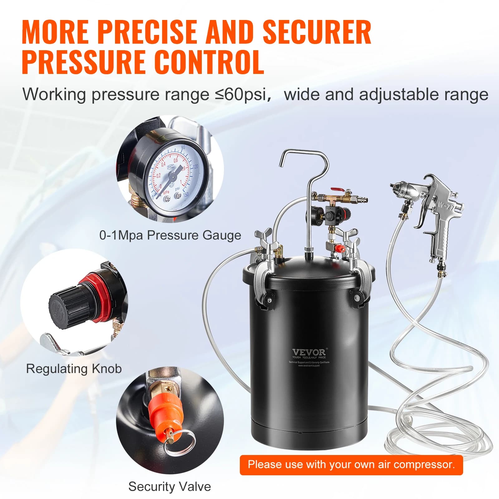 15L Pressure Pot Tank | 60psi Adjustable Steel Paint Tank | Spray Gun Hose & Pot System - Thumbnail 5
