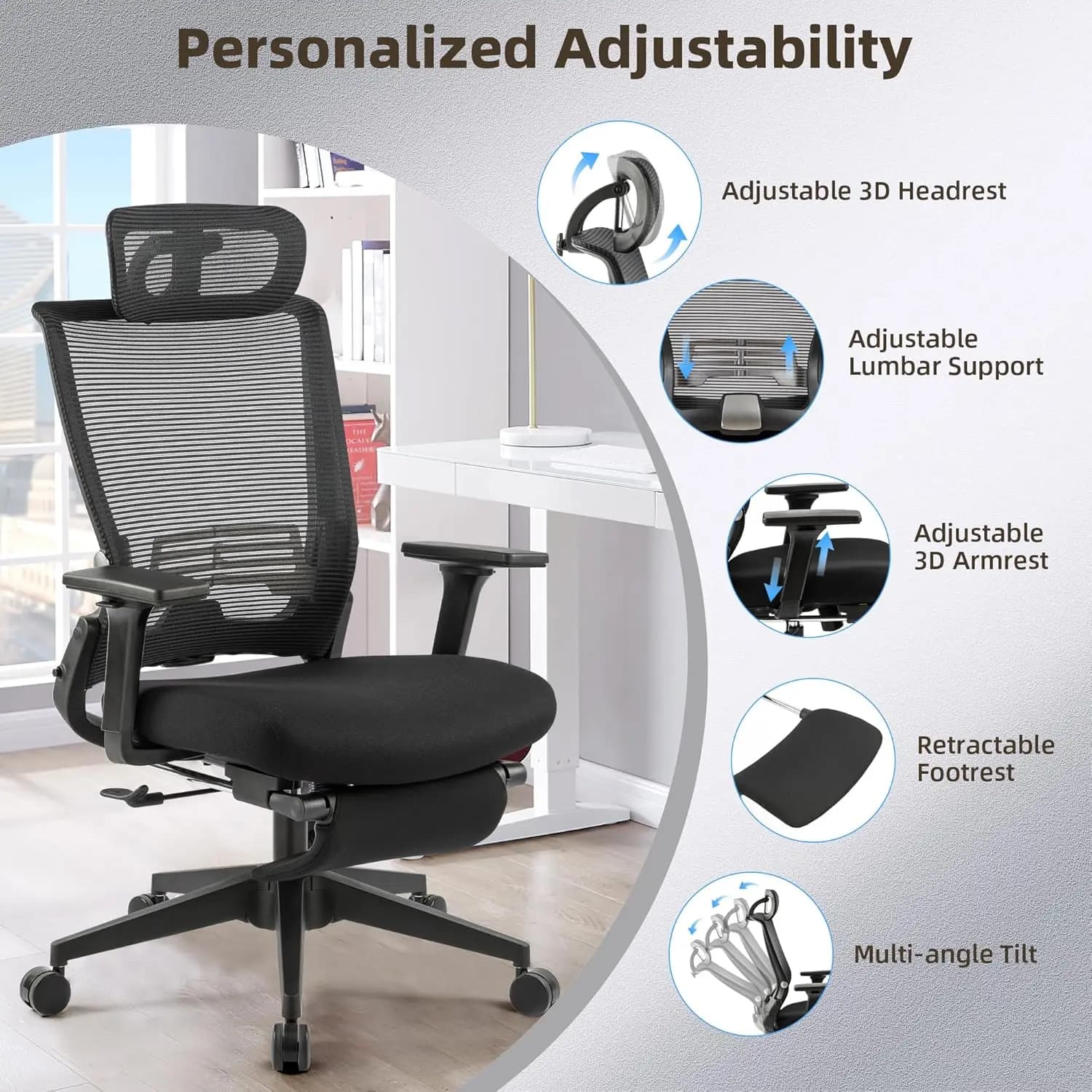 Ergonomic Office Chair | Adjustable Lumbar Support & Foot Rest | Space-Saving Home Office Desk Chair - Thumbnail 6