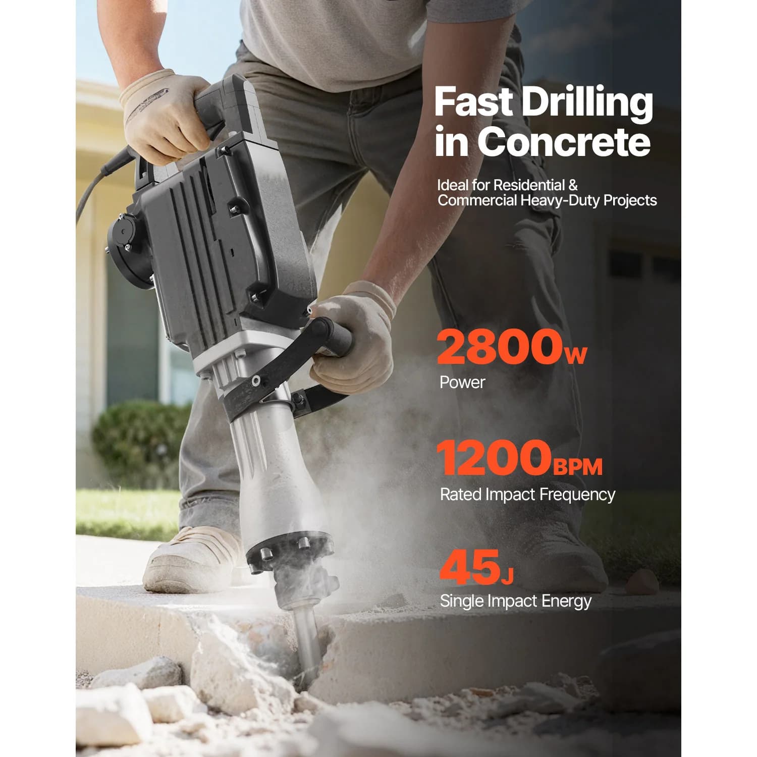 2800W Electric Demolition Hammer | 1200 BPM Concrete Breaker with Case & Gloves - Thumbnail 2