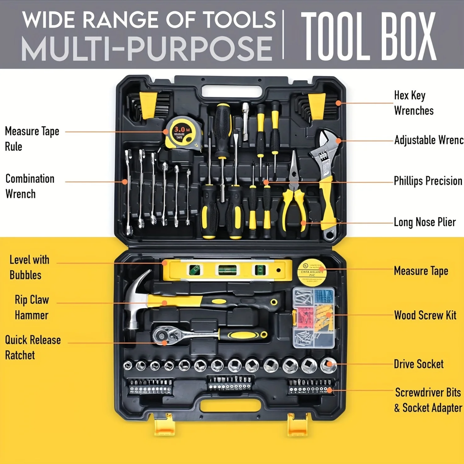 108-Piece Multi-Purpose Manual Tool Set with Carbon Steel Tools and Storage Box for Automotive and Home Repair - Thumbnail 2