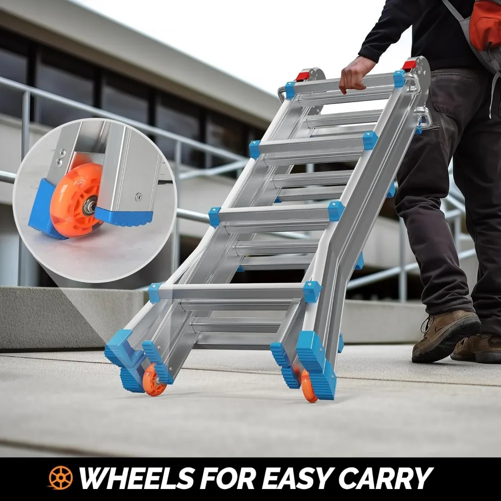 4-Step Ladder | 17ft Reach with Multi-Position Folding | Flared Legs & Wheels for Portability - Thumbnail 2
