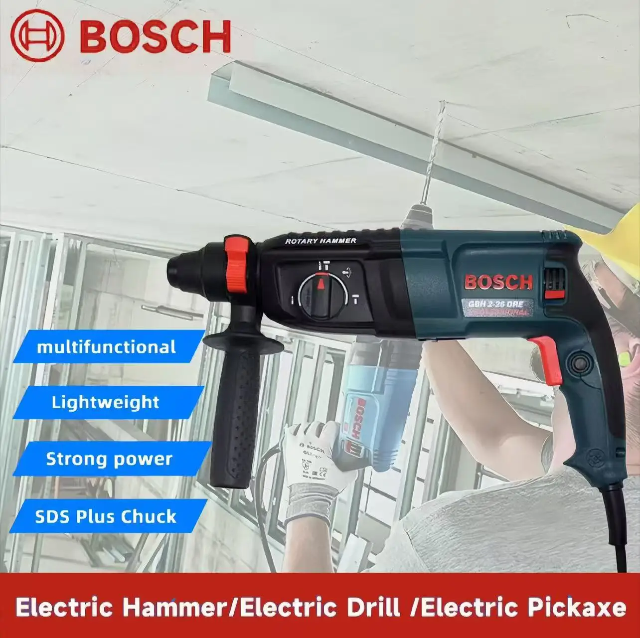 Heavy-Duty Rotary Hammer Drill | Bosch 1100W SDS-Plus | Professional Concrete & Brick Drill with 3 Bits - Thumbnail 5