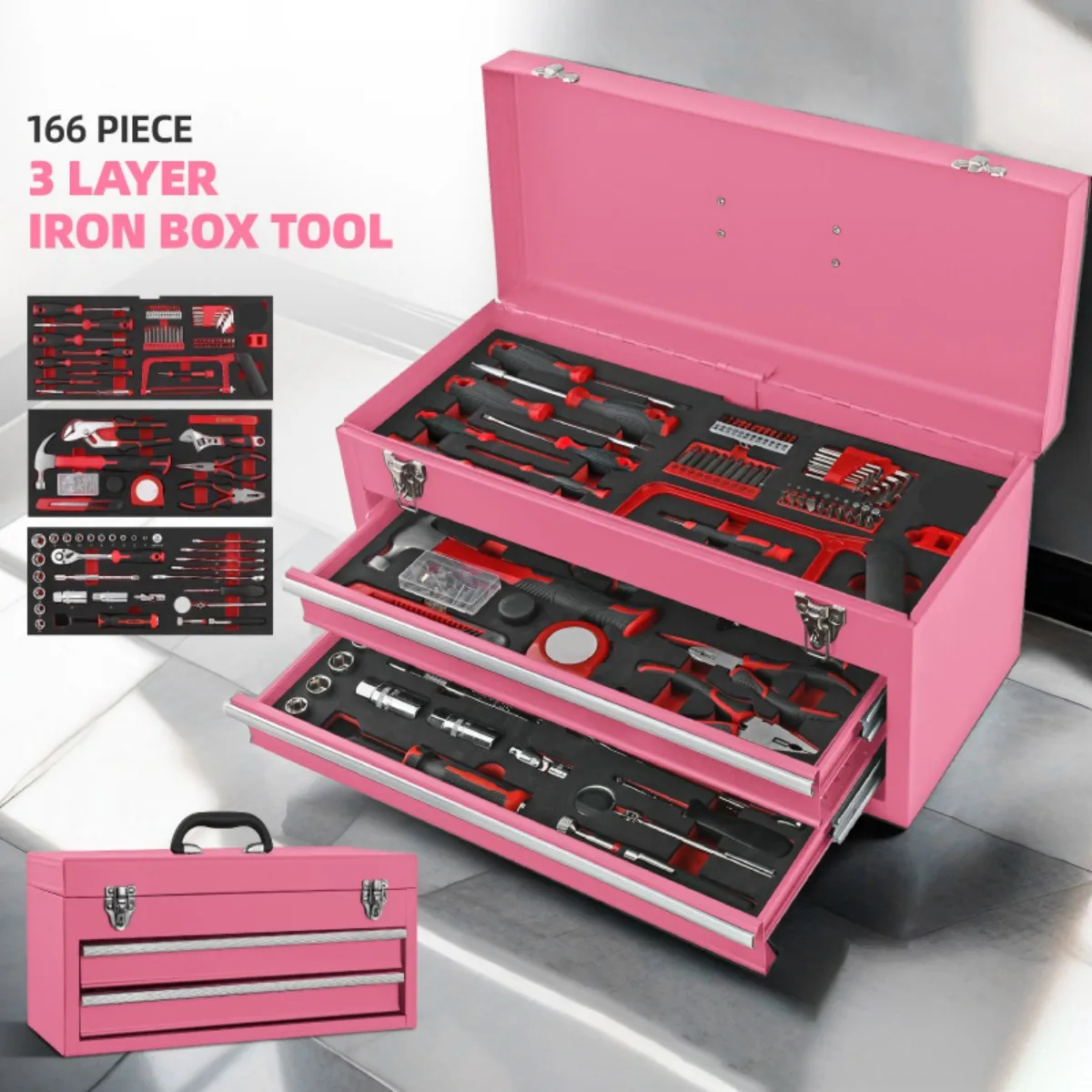 166-Piece Professional Tool Set | 3-Layer Iron Toolbox for Car Repair | Complete Hardware Wrench Kit - Thumbnail 2