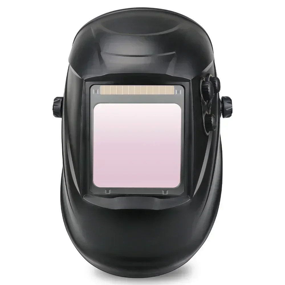 Auto-darkening welding helmet with large viewing screen, featuring 4 arc sensors, solar power, and lithium battery for TIG, MIG, and grinding.