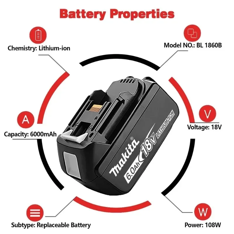 Makita 18V 6.0Ah Lithium-Ion Battery | High-Capacity Power Tool Battery with LED Charge Indicator - Thumbnail 3