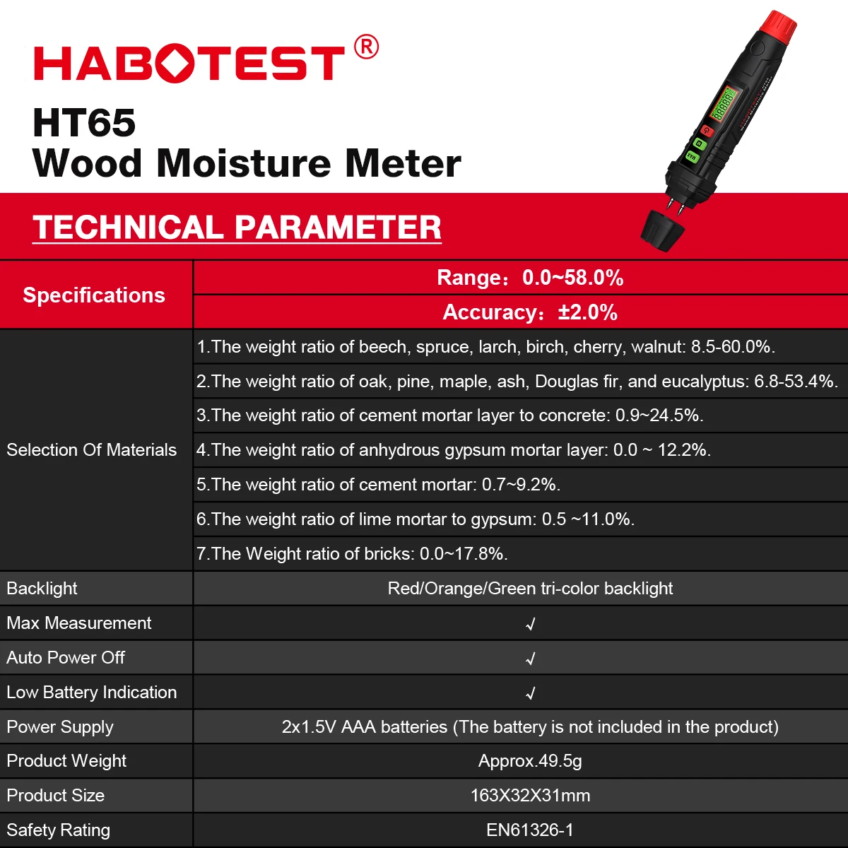 Wood Moisture Meter | HT65 Digital Hygrometer | 0-58% Range | Portable Timber Damp Detector - Thumbnail 5