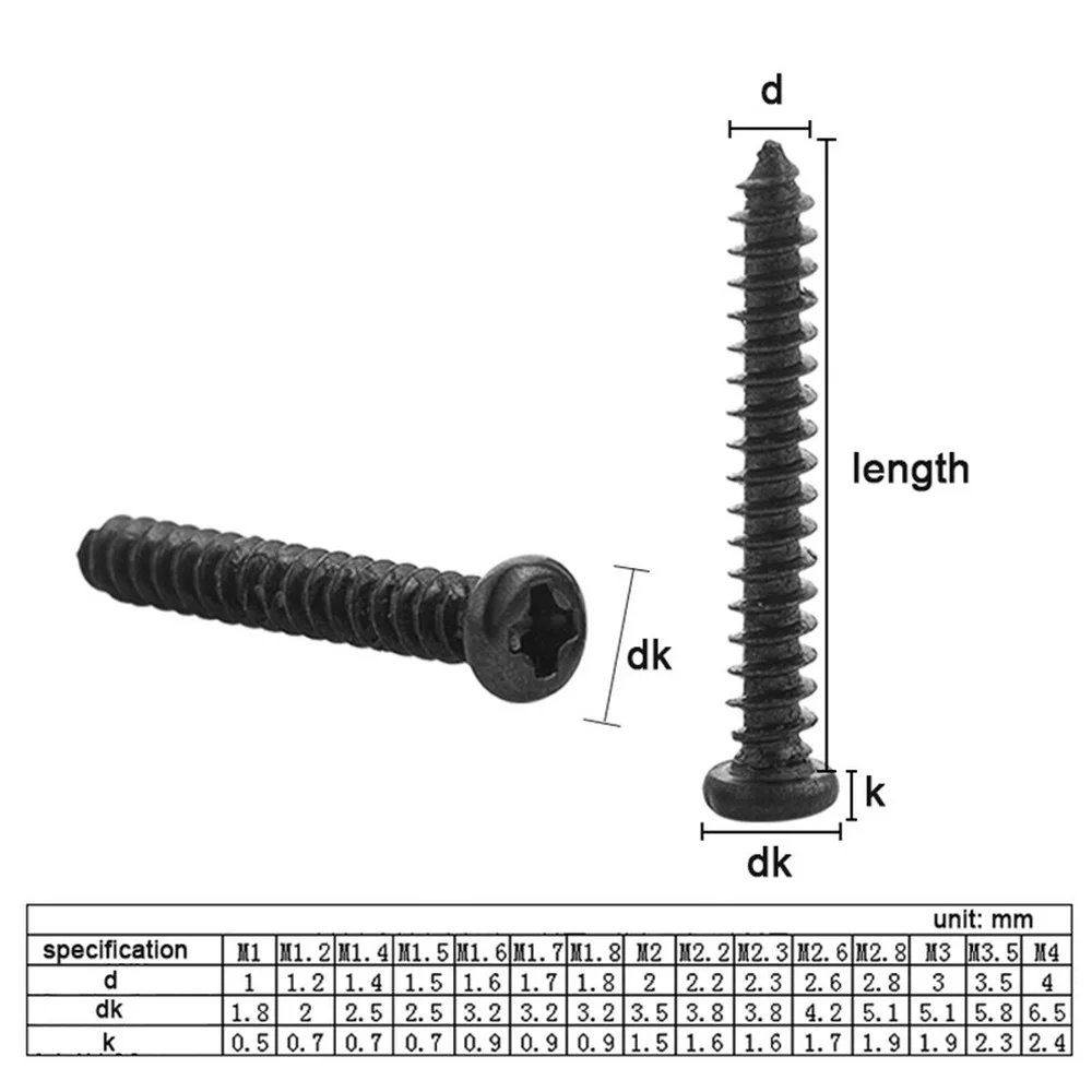 Self-Tapping Screws Assortment | 100pcs Black Carbon Steel | M1-M5 Phillips Round Head - Thumbnail 6
