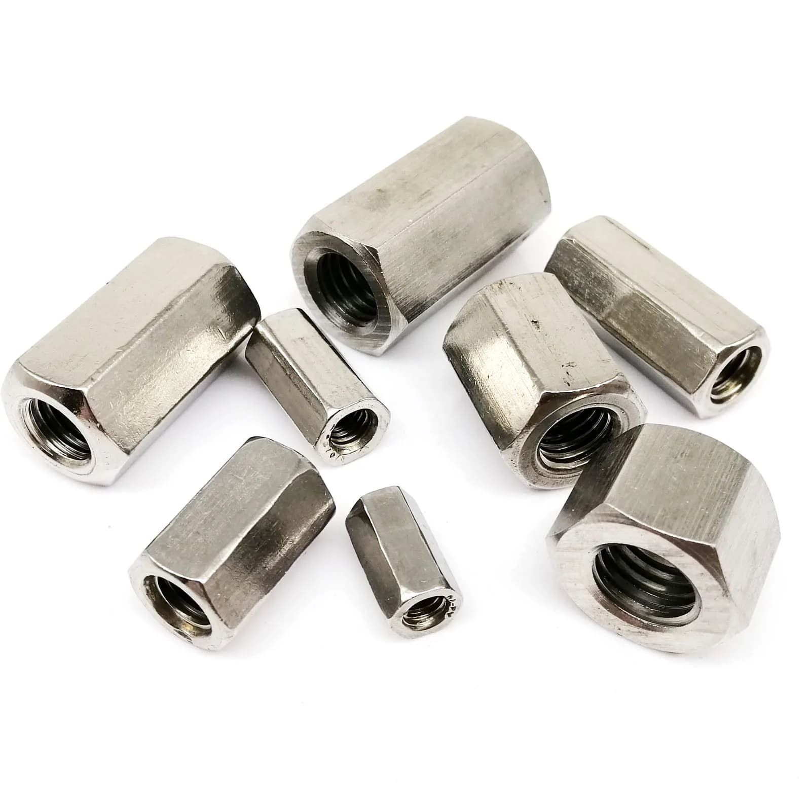 304 stainless steel hexagon extenders and coupling nuts in sizes M3 to M12, used to join two threaded rods or bolts end-to-end.