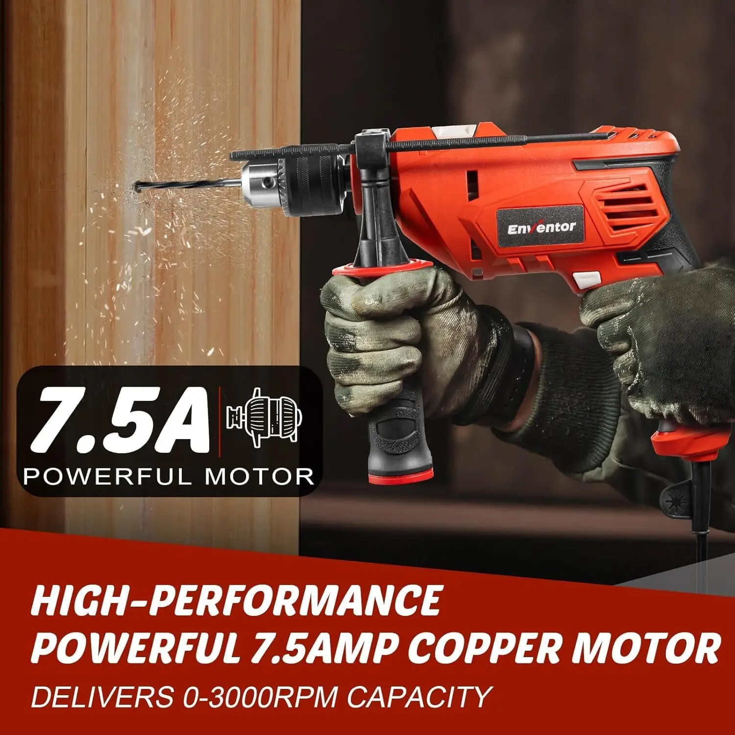 900W Hammer Drill | 7.5 Amp Motor | 1/2 Chuck for Metal & Wood | Variable Speed & Lightweight Design - Thumbnail 3